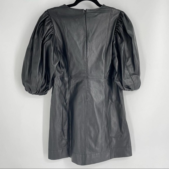 Ganni Puff Sleeve V Neck 100% Lamb Leather Dress - Picture 5 of 13
